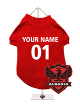 Albania Football Dog T-Shirt (Personalised) - Show your support for Albania with this personalised dog t-shirt. The t- shirt features a unique Albania double-headed eagle crest and can be  customised with your dog's name and team number. Made from soft,  breathable fabric, it keeps your dog comfortable while showcasing their  team spirit. Its...