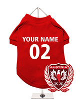 Austria Football Dog T-Shirt (Personalised) - Support your favourite team with this customisable Austria dog t-shirt.  Featuring a distinctive Austria eagle crest, this t-shirt allows you to  personalise it with your dog's name and team number for a unique touch.  Crafted from soft, breathable fabric, it ensures maximum comfort for  your furry...