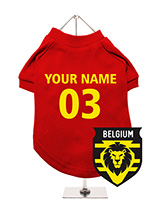 Belgium Football Dog T-Shirt (Personalised) - Cheer on Belgium with this customisable dog t-shirt, perfect for any fan's furry friend. Featuring a custom-designed Belgium lion crest, this t-shirt allows for personalisation with your dog's name and team number. It's made from lightweight, airy fabric to ensure your dog's comfort. Plus, its mach...