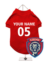 Czechia Football Dog T-Shirt (Personalised) - Let your dog show their Czech pride with this customisable Czechia dog t-shirt. Featuring a Czechia-themed lion crest, this t-shirt can be personalised with your dog's name and favourite number. Made from soft, light fabric, it ensures your dogs comfort. Its easy to care for with machine washabili...