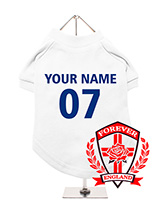 England Football Dog T-Shirt (Personalised) - Let your dog wear their English pride with this customisable England dog  t-shirt. Featuring a custom England rose crest, this t-shirt can be  personalised with your dog's name and team number. Made from soft,  breathable fabric, it ensures your dogs comfort. Its easy to wash and  machine washable...