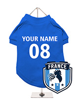 France Football Dog T-Shirt (Personalised) - Show your support for France with this personalised dog t-shirt. It  features a stylish France rooster badge and allows for personalisation  with your dog's name and team number. Made from lightweight, comfortable  fabric, it keeps your dog feeling good. The t-shirt is machine washable  for quick an...