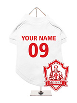 Georgia Football Dog T-Shirt (Personalised) - Celebrate Georgia with this customisable dog t-shirt, perfect for your furry fan. Featuring a unique Georgia crest, this t-shirt can be personalised with your dog's name and team number. Made from soft, breathable fabric, it ensures comfort for your pet. It's also machine washable for easy maintenan...