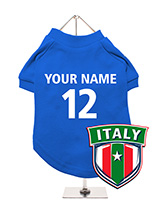 Italy Football Dog T-Shirt (Personalised) - Celebrate Italy with this customisable dog t-shirt, featuring a  distinctive Italy badge with a star. You can add your dog's name and  team number for a personalised touch. Made from soft, breathable fabric,  it keeps your dog comfortable. The t-shirt is machine washable for easy  cleaning. Ideal fo...