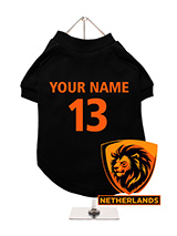 Netherlands Football Dog T-Shirt (Personalised) - Cheer for the Netherlands with this personalised dog t-shirt, showcasing  a unique Netherlands lion crest. Personalise it with your dog's name and  team number for a custom look. The t-shirt is made from breathable  fabric to keep your dog cool and comfortable. It's machine washable for  convenience...