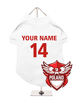 Poland Football Dog T-Shirt (Personalised) - Support Poland with this customisable dog t-shirt, featuring a Poland  eagle crest. The t-shirt allows for personalisation with your dog's name  and team number. Made from soft and comfortable, breathable fabric, it  ensures your dog stays happy. Its simple to wash and machine washable.  Ideal for...