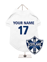 Scotland Football Dog T-Shirt (Personalised) - Celebrate Scotland with this personalised dog t-shirt, featuring a  unique Scotland thistle crest. You can add your dog's name and team  number for a custom touch. The t-shirt is made from soft, light fabric  to keep your dog comfortable. Its easy to clean and machine washable.  Perfect for flaunti...