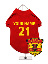 Spain Football Dog T-Shirt (Personalised) - Show your Spanish pride with this personalised dog t-shirt, featuring a  custom Spain bull crest. You can add your dog's name and team number for  a personal touch. The t-shirt is made from soft and breathable fabric to  keep your dog comfortable. It's machine washable for easy cleaning.  Perfect fo...