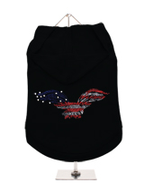 GlamourGlitz American Eagle Dog Hoodie - Exclusive GlamourGlitz 100% Cotton Hoodie. Embellished with a soaring American Eagle, the National Emblem and crafted with Red, Silver and Blue Rhinestuds that catch a sparkle in the light. Wear on it's own or match with a GlamourGlitz ''Mommy and Me'' Women's T-Shirt to complete the look.