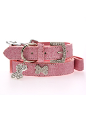 Pink Leather Diamante Collar / Diamante Bone Charm and Lead Set | Dog ...